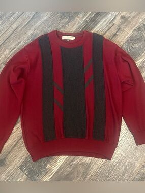Norm Thompson Vintage Mens Large Wine Wool Blend Crewneck Sweater Black Panel